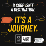 Branded B Corp image with text and arrows moving in the same direction, depicting progressing movement forward.