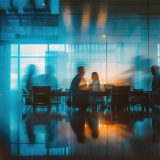 Abstract office setting with blurred silhouettes of people in meetings, representing discussions on CSRD and CSRD reporting requirements.