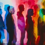 Silhouettes of diverse individuals overlapped with vibrant, multicolored shadows, symbolizing diversity, equity, and inclusion (DEI).