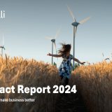 Cover of Morelli Consulting's Impact Report 2024, featuring a young girl running through a wheat field towards wind turbines, with text highlighting the company's mission and B Corporation certification.