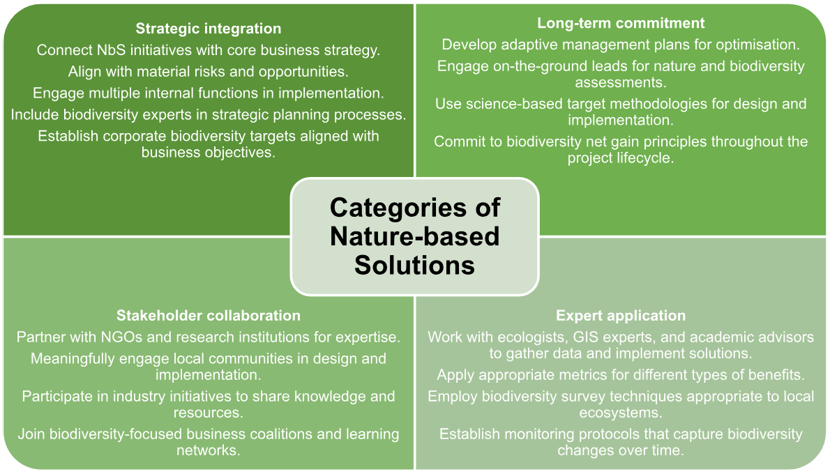 A matrix of categories of nature-based solutions including strategic integration, long-term commitment, stakeholder collaboration and expert communicate