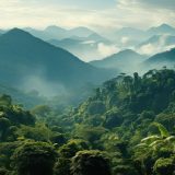 A panoramic view of a lush tropical rainforest stretching across rolling hills and mist-covered mountains. The dense canopy of vibrant green trees is bathed in soft sunlight, while layers of fog drift through the valleys, creating a serene and ethereal atmosphere beneath a pale blue sky.