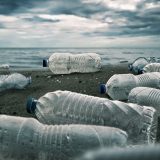 A beach littered with empty, crumpled plastic bottles under a moody, overcast sky, highlighting the issue of marine pollution and environmental neglect.